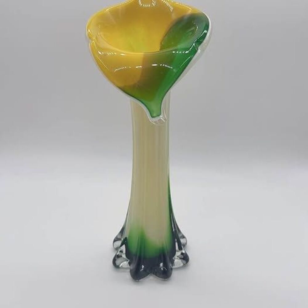 Vintage Art Glass Jack In The Pulpit Calla Lilly Vase 11” Yellow Green White